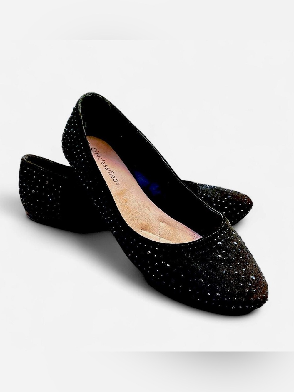 City Classified Black Rhinestone Ballet Flats | Sparkly Slip-On Shoes
